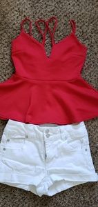 Sexy top and a white short.